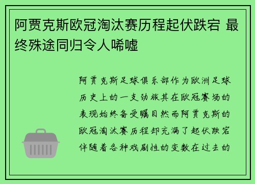 阿贾克斯欧冠淘汰赛历程起伏跌宕 最终殊途同归令人唏嘘